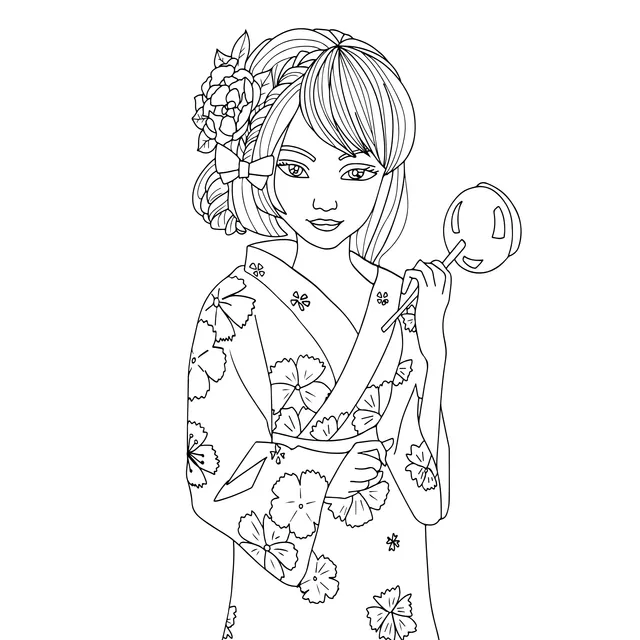 Kimono - clad woman holding a round fan