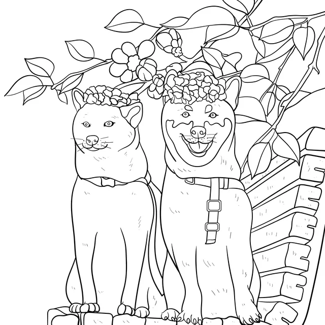 Cat and dog wearing flower wreaths