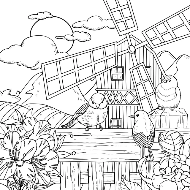 Birds and Flowers beside the Windmill