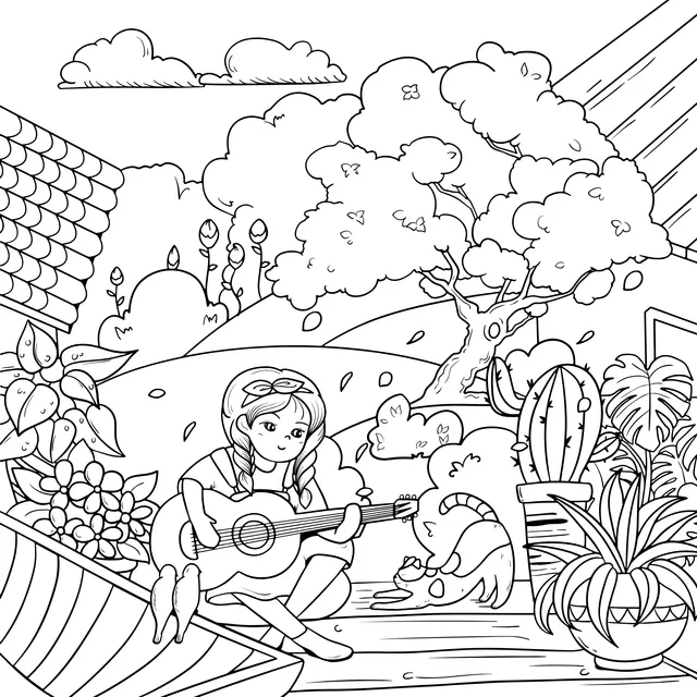 Girl playing the guitar in the garden
