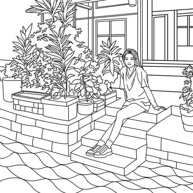 Woman resting by the waterside in the courtyard