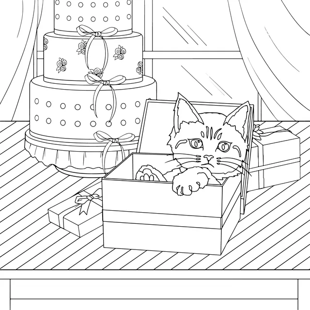 Kitten in a Gift - Box and Birthday Cake