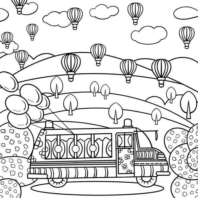 Colorful Bus under Hot - air Balloons