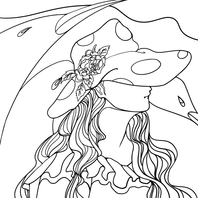 Long - haired woman wearing a flower - adorned hat