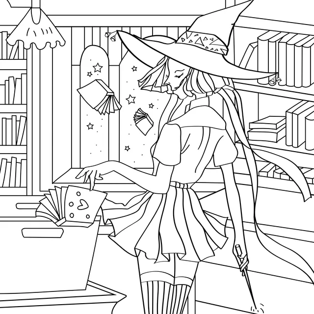 A witch casting spells in a study