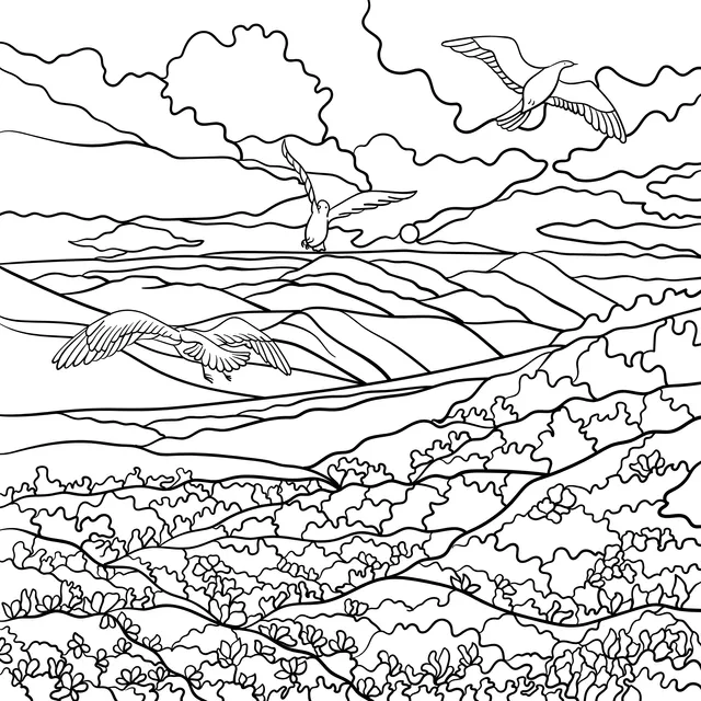 Flying Birds and Colorful Pastoral Landscape