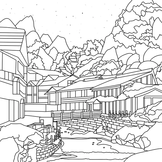 Colorful Buildings by the Mountain River