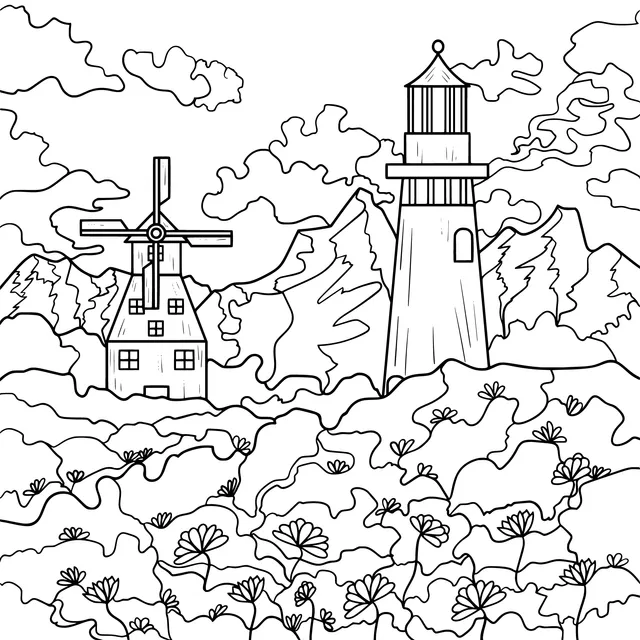 Windmill and Lighthouse in the Flower Sea