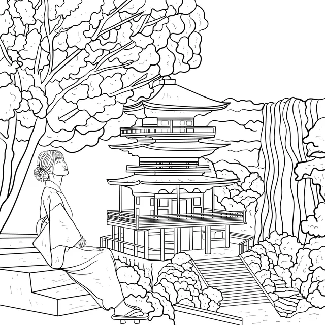 Kimono - clad Woman Admiring Cherry Blossoms and an Ancient Pavilion