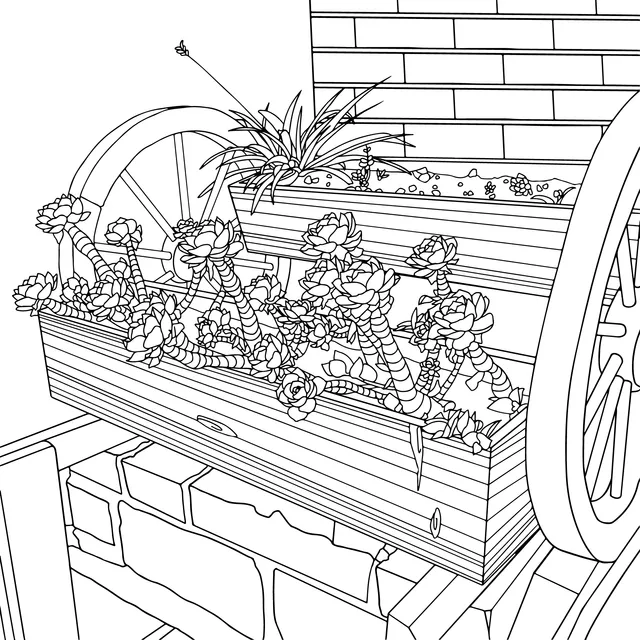 Green plants in wooden - wheel flowerpots