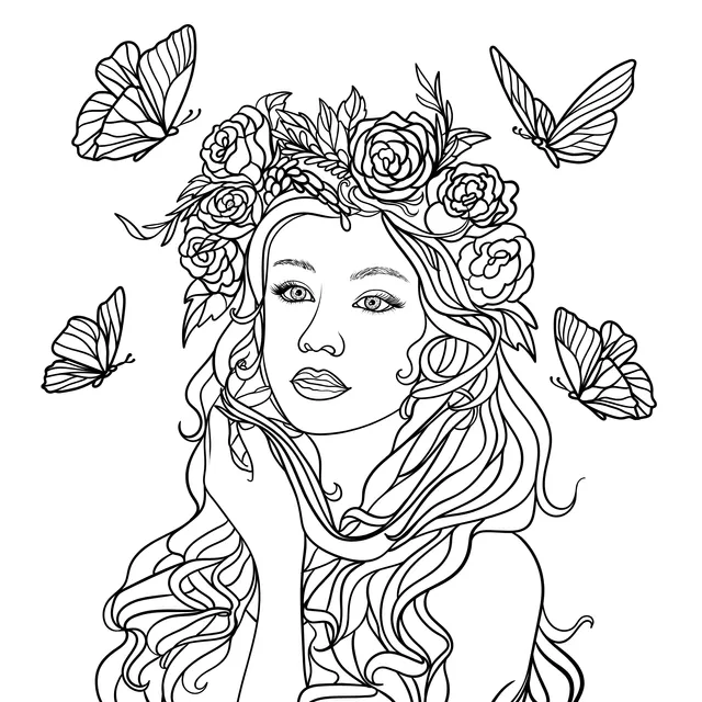 Dreamy Girl with Butterflies and Flower Ornaments