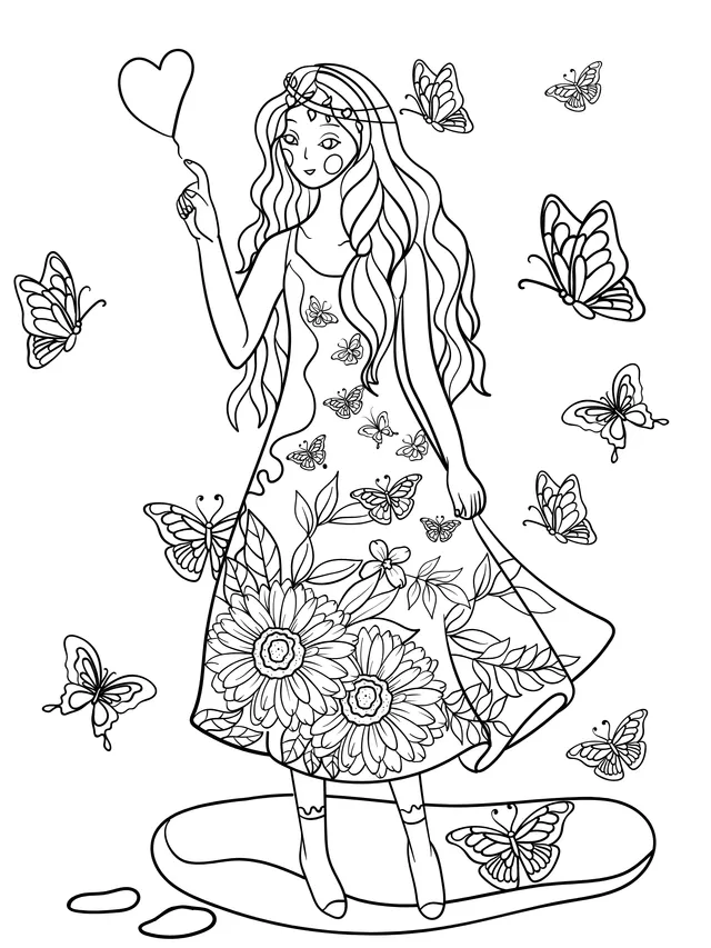 Girl in Floral Dress with Heart - shaped Balloon and Butterflies