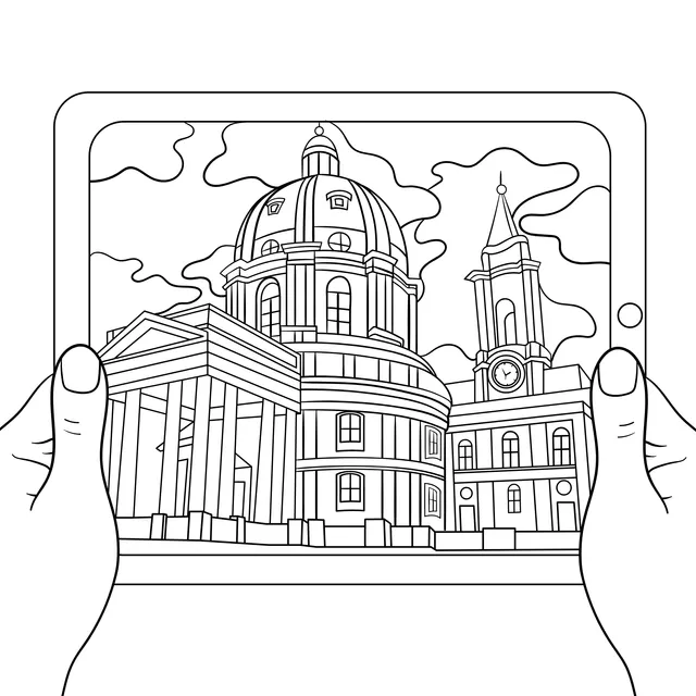 Holding a tablet to photograph a building