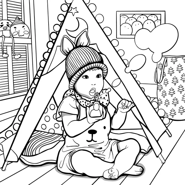 Baby playing beside the tent
