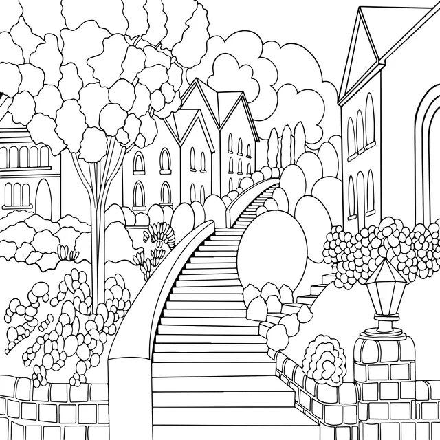Colorful Garden Path and Houses