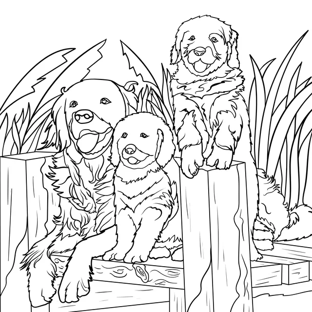 Three puppies on a wooden platform