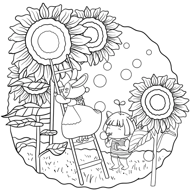 Girl and rabbit admiring sunflowers