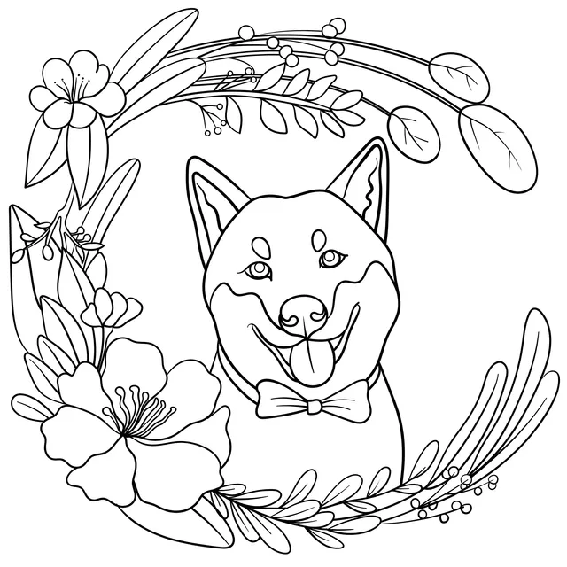 Shiba Inu in a flower wreath