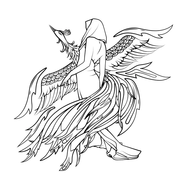 Woman in red accompanied by a phoenix