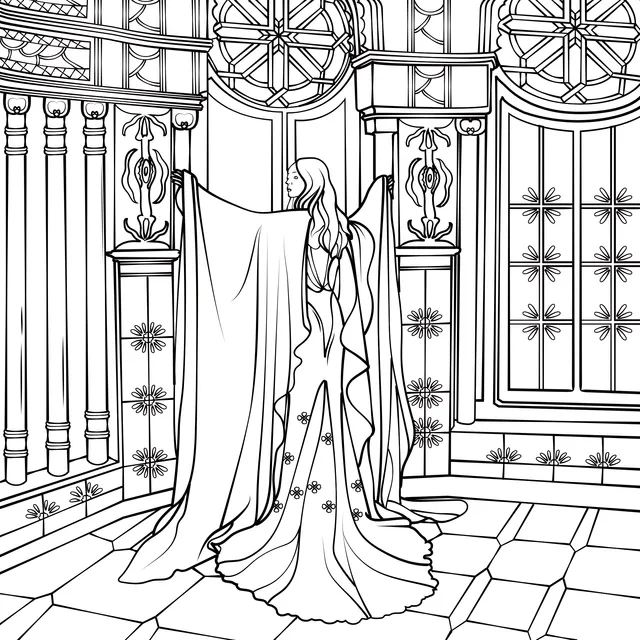 A woman in a magnificent dress standing by the window