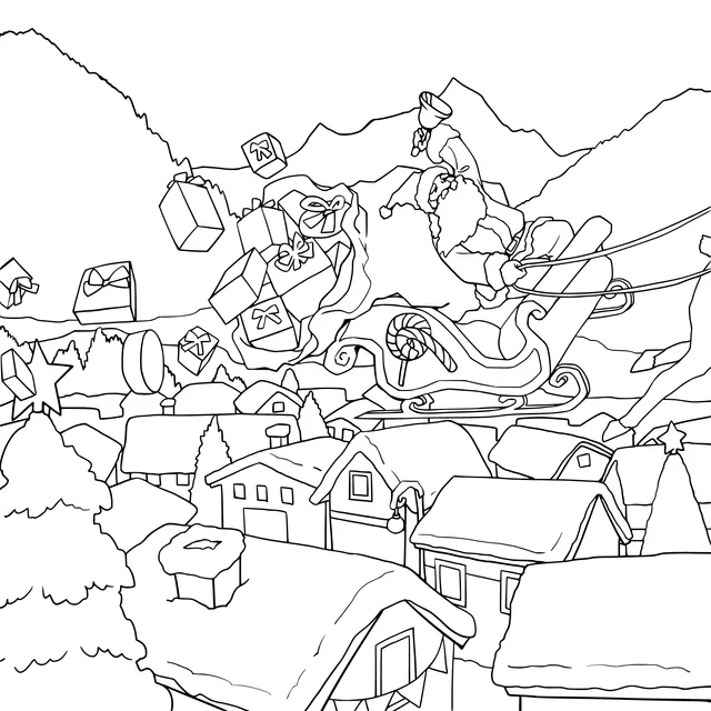 Santa Claus flying over a snow - covered town