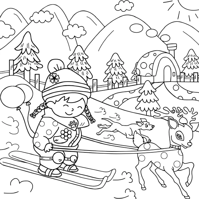 Little girl riding a reindeer - drawn sleigh