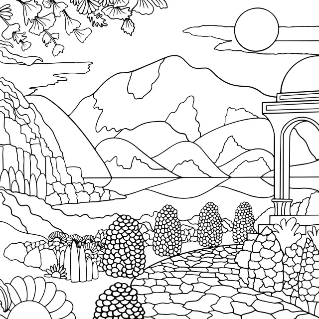 Colorful Landscape of Mountains, Waters and Garden