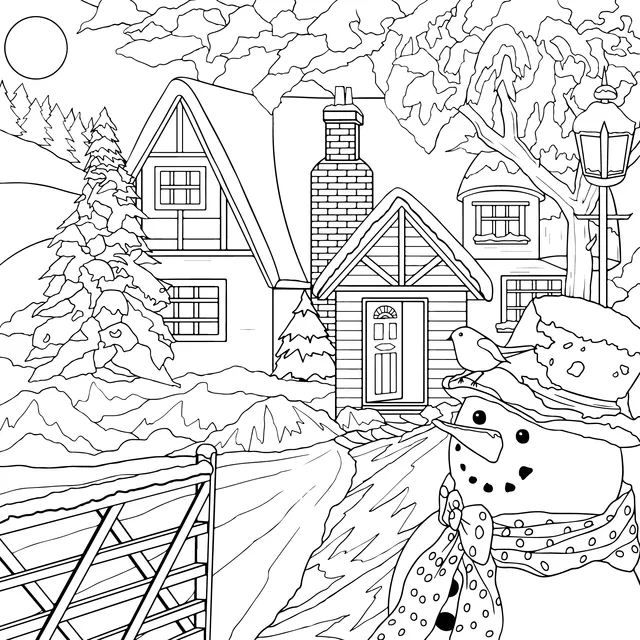 A Cottage and a Snowman in the Snowy Night