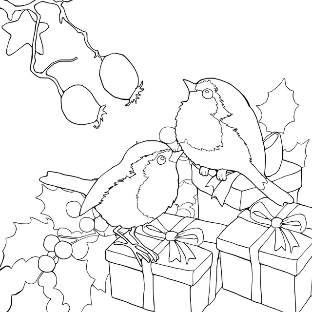Birds beside Christmas gifts