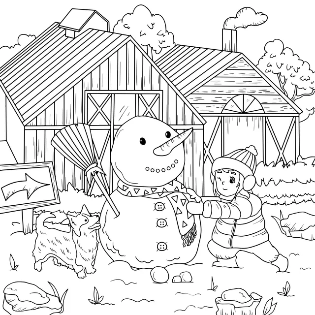 Child playing with snowman in front of wooden house