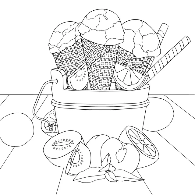 Bucket filled with ice - creams and fruits