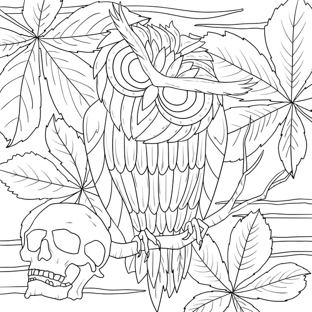 Blue Owl on a Branch beside a Skull with Autumn Leaves