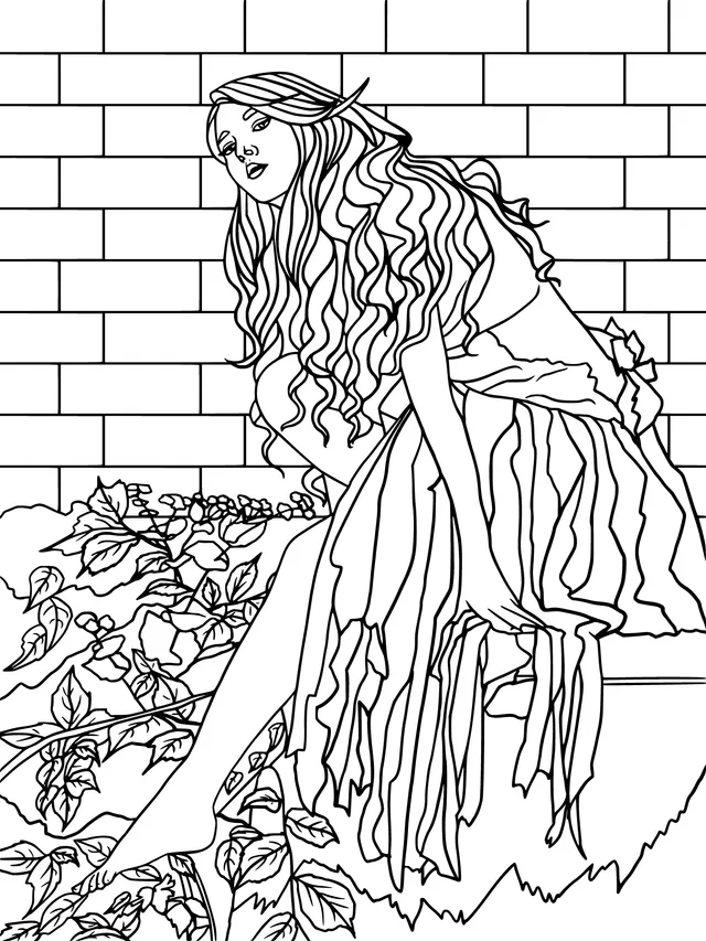 Long - haired woman in a tattered blue dress