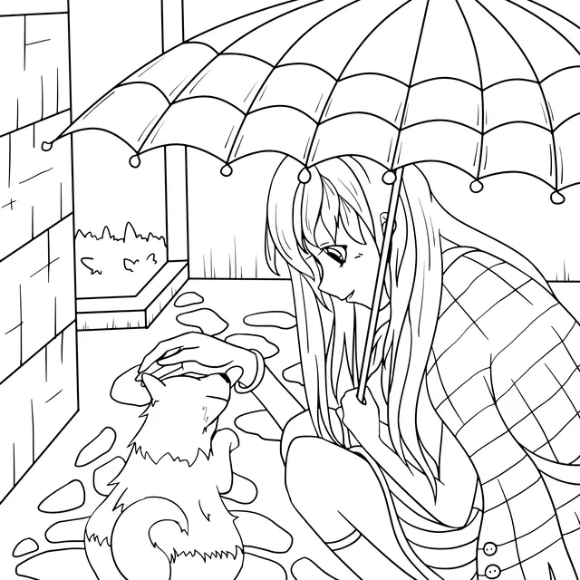 Girl petting a cat while holding an umbrella