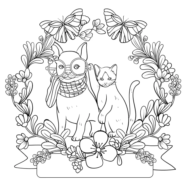 Cat, Dog and Flower Wreath