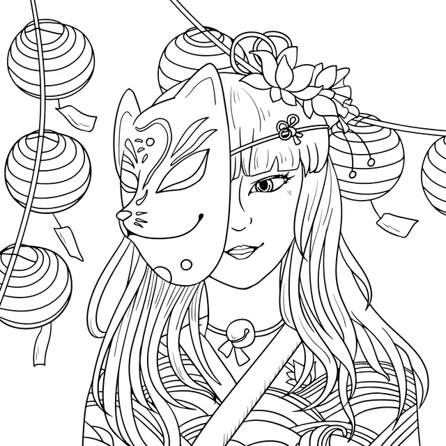 Woman in Kimono Wearing a Fox Mask