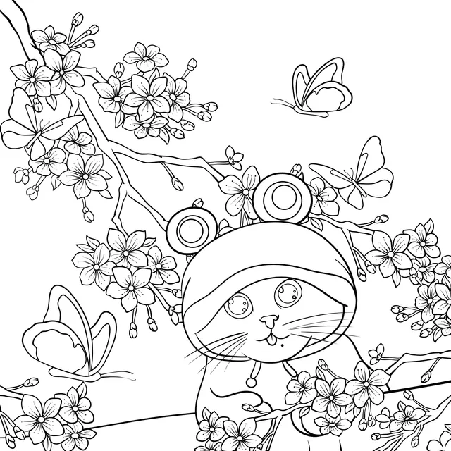 Cat wearing a frog - hat with flowers and butterflies