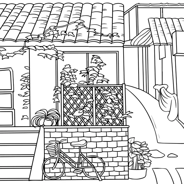 A corner of the courtyard with green plants and a bicycle