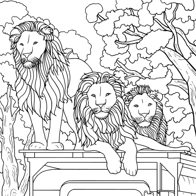 Three lions on a cartoon - style carriage