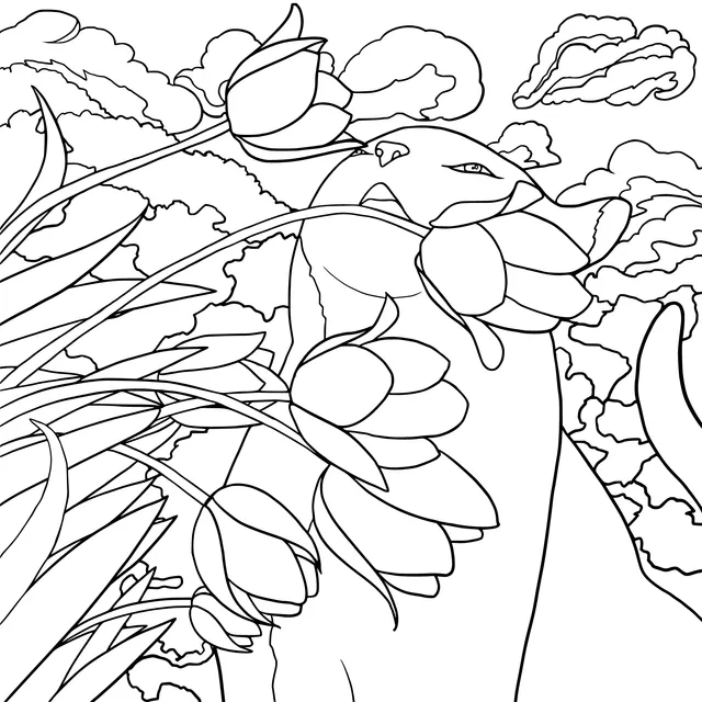Cat smelling tulips