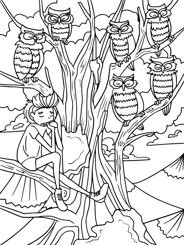 A Teenager Perched in a Tree with Owls