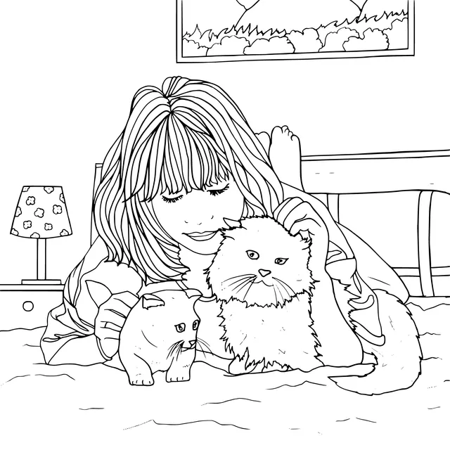 A Girl's Cozy Time with Cats