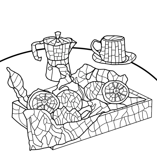 Colorful mosaic - style tea set and fruits