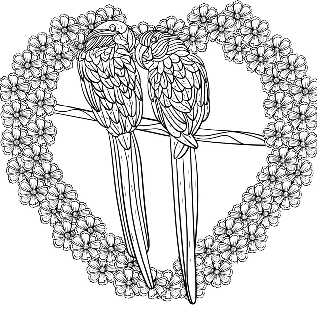 Parrots in a Heart - shaped Flower Cluster