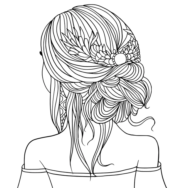 Back view of a woman with blue - hair wearing a floral hair accessory