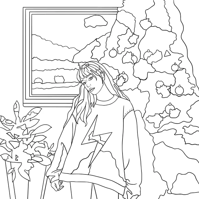 Girl in Red beside the Christmas Tree