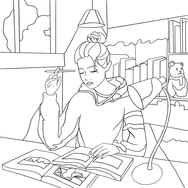 A girl reading attentively at night