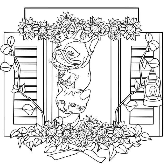 Dogs, cats and sunflowers by the window