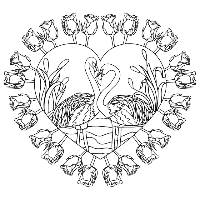 Flamingos and Heart of Roses