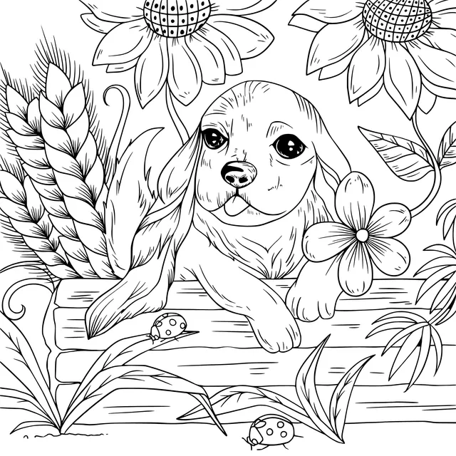 Puppy with Flowers, Plants and Ladybugs